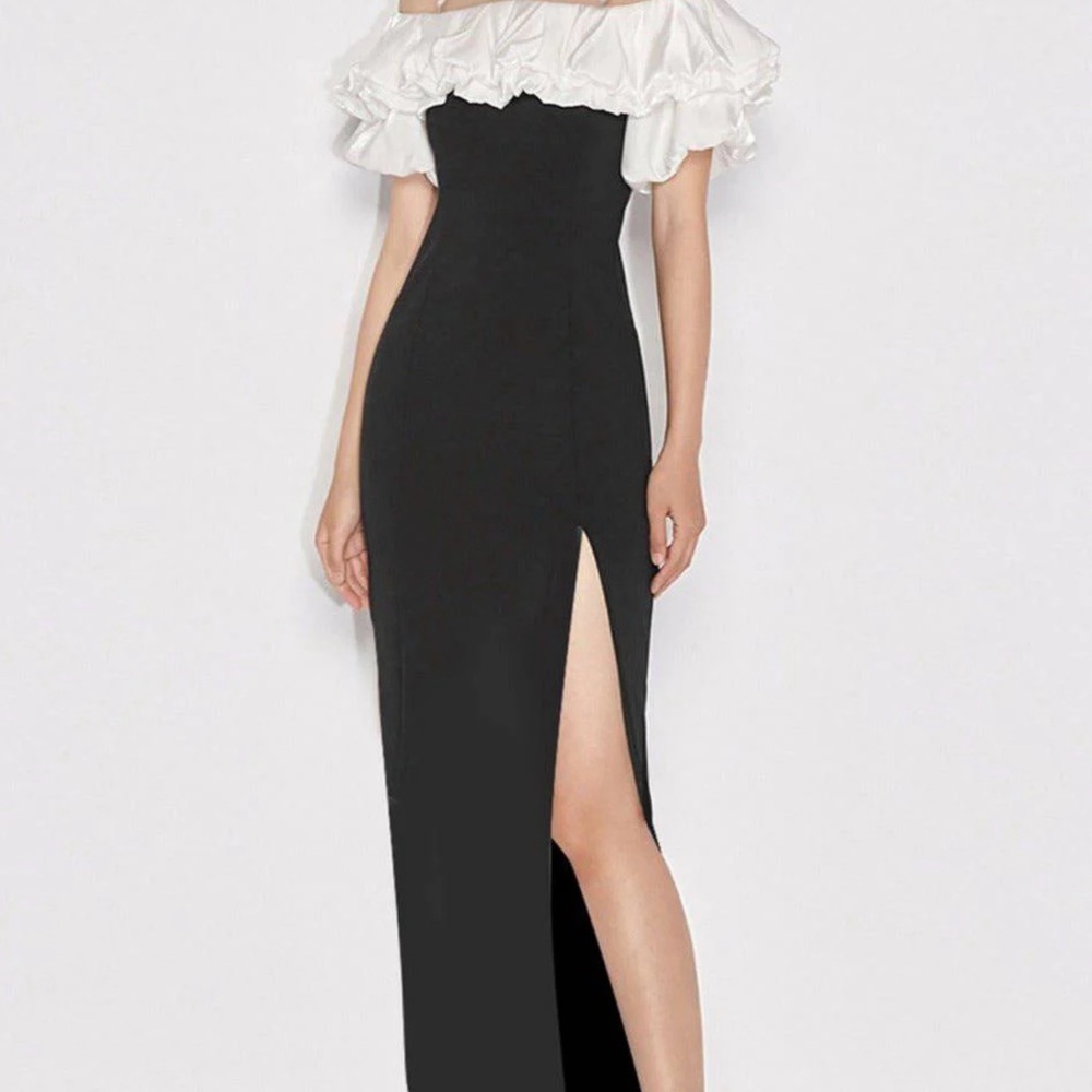 City Studios Black and White Ruched Maxi Gown